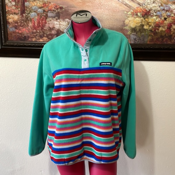 Lands' End Heritage Fleece T-Snap Stripes Pullover Jacket Size L/P 14-16 Pockets - Picture 6 of 13